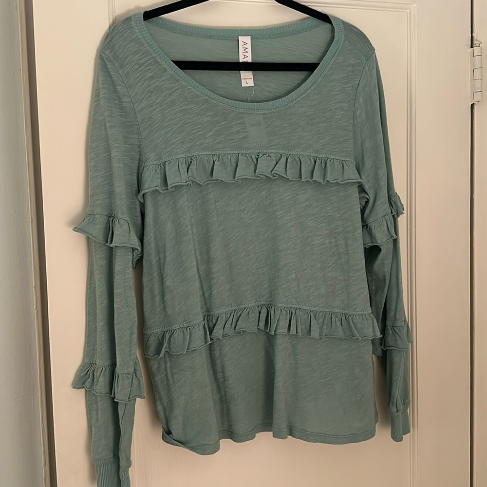NWT. Amadi long-sleeved blue-green top with ruffle detail. Size L.